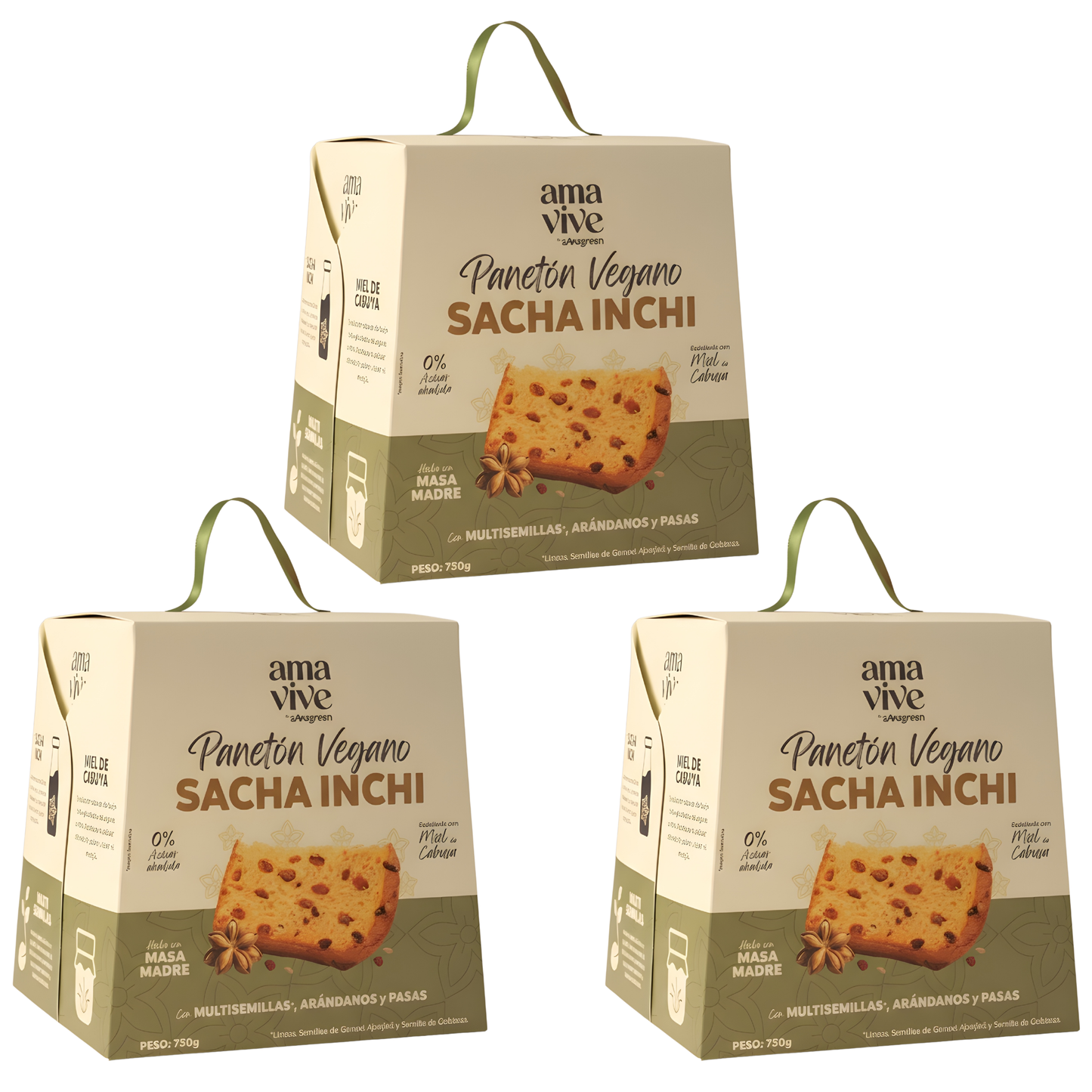 Pack x 3 Panetón Vegano sin Azúcar Añadida con Sacha Inchi, Multisemillas y Miel de Cabuya 750 g